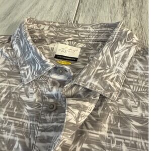 Greg Norman Play Dry Mens Golf Polo L Grey White Tropical Palm Leaf Print Shark